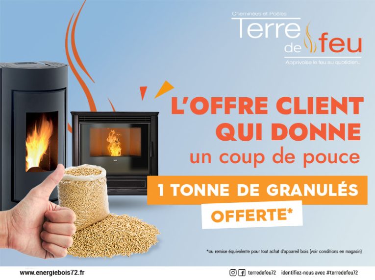 Offre client chez Terre de Feu - 1 tonne de granulés offerte pour l'achat d'un poêle